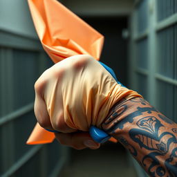 An extreme close-up scene depicting a large, muscular African American arm adorned with intricate prison tattoos