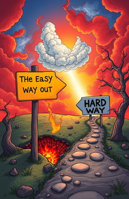 A whimsical illustration of two road signs in a surreal landscape