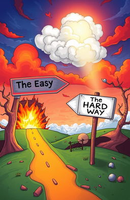 A whimsical illustration of two road signs in a surreal landscape