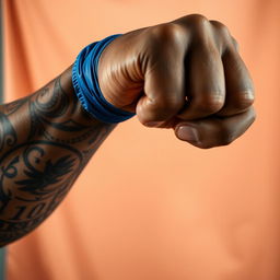 An extreme close-up of a large muscular African American arm, showcasing intricate prison tattoos