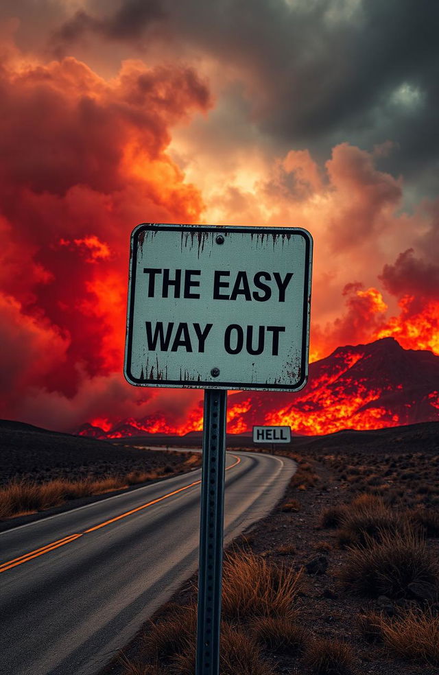 A surreal scene depicting a road sign that reads 'The Easy Way Out' with an arrow pointing toward a dramatic and fiery landscape labeled 'Hell'