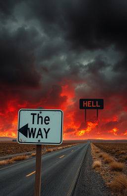 A surreal scene depicting a road sign that reads 'The Easy Way Out' with an arrow pointing toward a dramatic and fiery landscape labeled 'Hell'