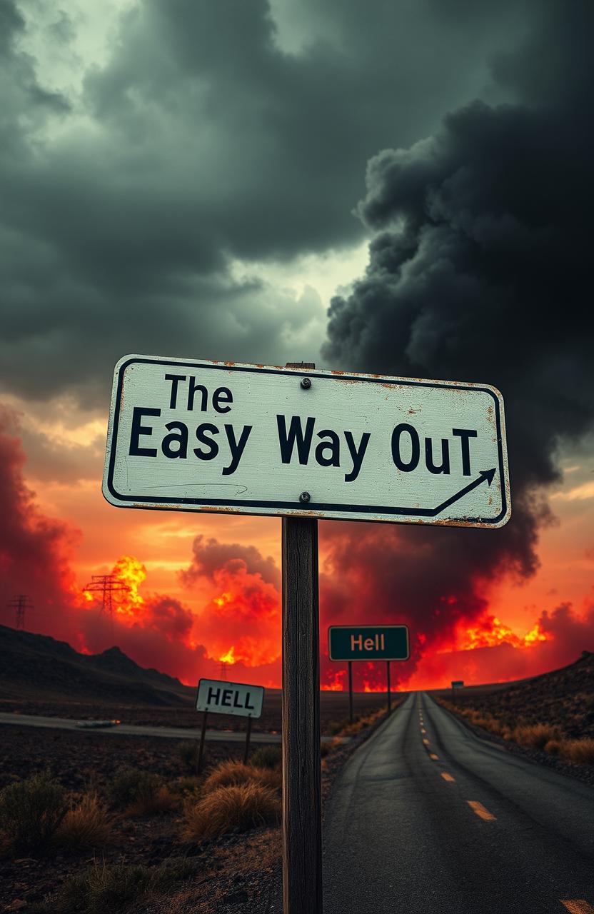 A surreal scene depicting a road sign that reads 'The Easy Way Out' with an arrow pointing toward a dramatic and fiery landscape labeled 'Hell'