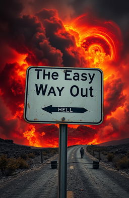 A surreal scene depicting a road sign that reads 'The Easy Way Out' with an arrow pointing toward a dramatic and fiery landscape labeled 'Hell'