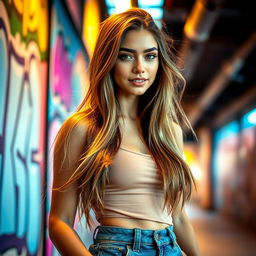 A beautiful young woman with long flowing hair, striking features, and a confident smile