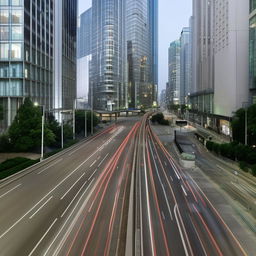 A daytime view of a major city road, notable for its lack of human traffic, with just a few cars adding to the urban scenery.