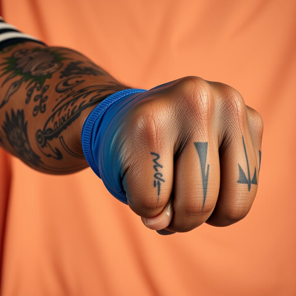 An extreme close-up of a large, muscular African American arm adorned with intricate prison tattoos