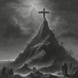 An illustration in the style of Gustave Doré displaying Mount Calvary with three empty crosses. A raging storm in the background with a lightning bolt striking Christ's cross, from which a billowing robe hangs.