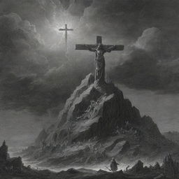 An illustration in the style of Gustave Doré displaying Mount Calvary with three empty crosses. A raging storm in the background with a lightning bolt striking Christ's cross, from which a billowing robe hangs.