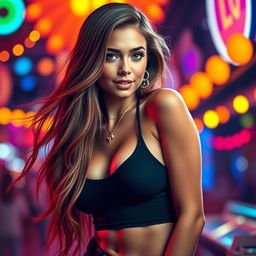 A stunning portrait of a hot girl with long, flowing hair, wearing a stylish, form-fitting outfit that accentuates her figure