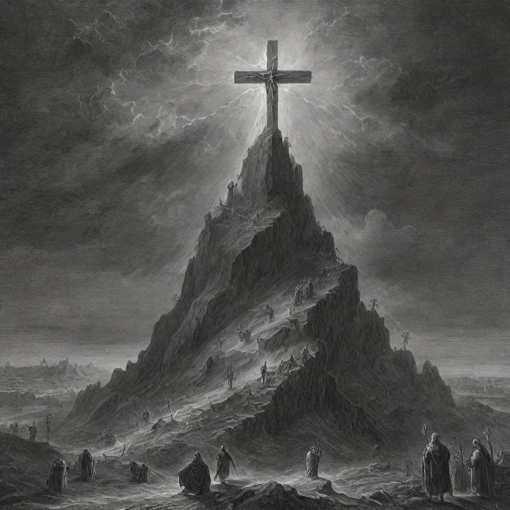 An illustration in the style of Gustave Doré displaying Mount Calvary with three empty crosses. A raging storm in the background with a lightning bolt striking Christ's cross, from which a billowing robe hangs.