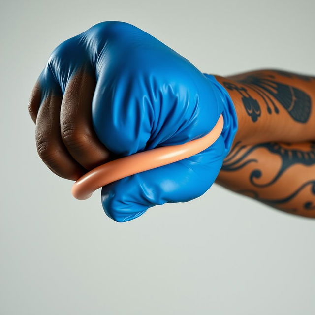 An extreme close-up depicting a muscular African American arm with prominent prison tattoos