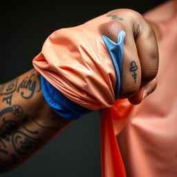 An extreme close-up depicting a muscular African American arm with prominent prison tattoos