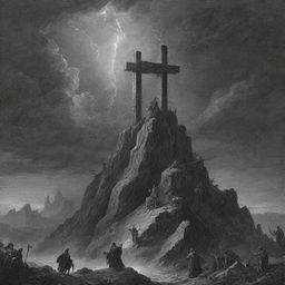 An illustration in the style of Gustave Doré displaying Mount Calvary with three empty crosses. A raging storm in the background with a lightning bolt striking Christ's cross, from which a billowing robe hangs.