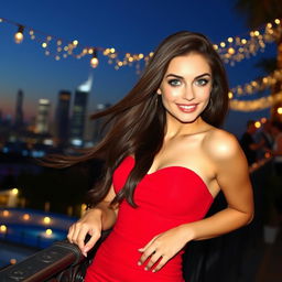 A stunningly attractive young woman with long flowing brunette hair, wearing a tight-fitting red dress that accentuates her curves