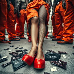 A low-angle view showcasing a large group of African American gang members with powerful legs, wearing baggy orange pants, standing prominently around two striking Caucasian legs dressed in ripped fishnets and stylish red high heels