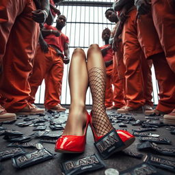 A low-angle view showcasing a large group of African American gang members with powerful legs, wearing baggy orange pants, standing prominently around two striking Caucasian legs dressed in ripped fishnets and stylish red high heels