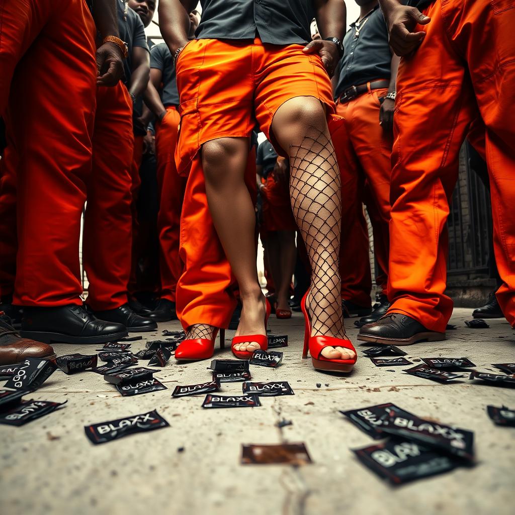 A low-angle view showcasing a large group of African American gang members with powerful legs, wearing baggy orange pants, standing prominently around two striking Caucasian legs dressed in ripped fishnets and stylish red high heels