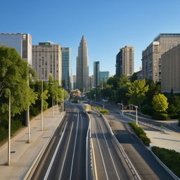 A 2-lane city road during the day, void of human traffic with just a few cars sporadically placed, under a clear sky.