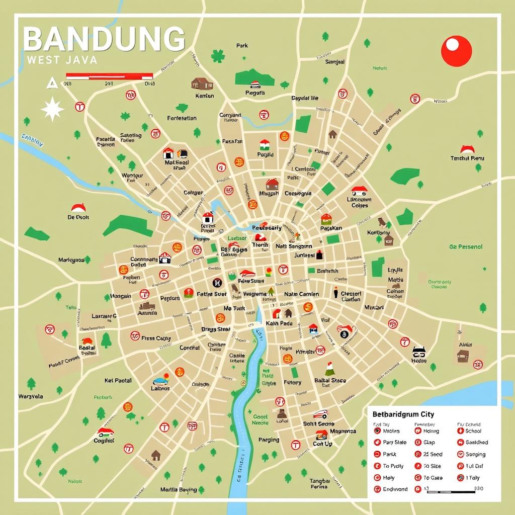 A detailed map of Bandung city, located in West Java, Indonesia