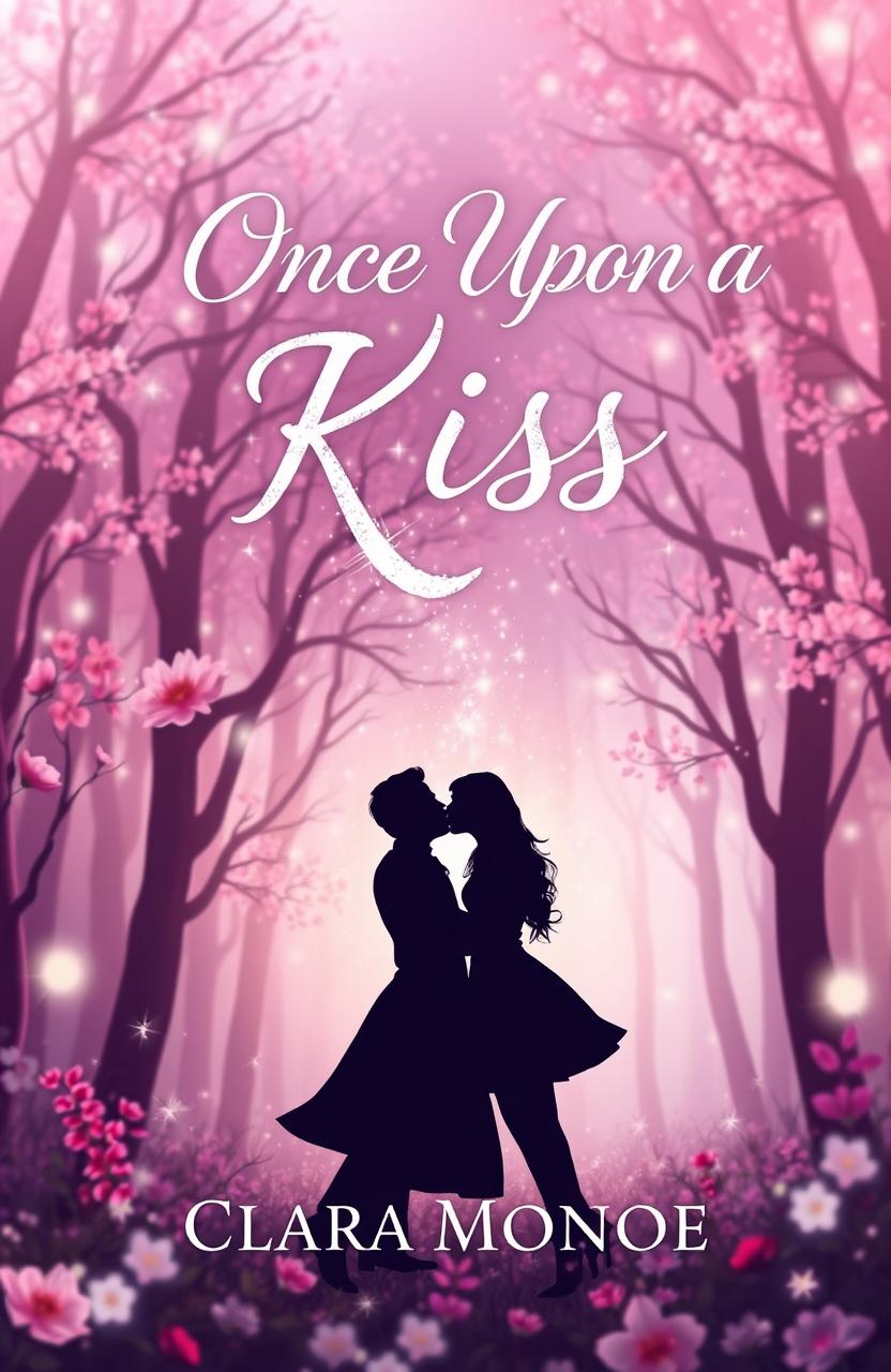 A romantic and enchanting book cover design for a fairytale titled 'Once Upon a Kiss' by Clara Monroe