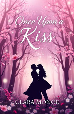 A romantic and enchanting book cover design for a fairytale titled 'Once Upon a Kiss' by Clara Monroe