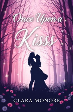 A romantic and enchanting book cover design for a fairytale titled 'Once Upon a Kiss' by Clara Monroe