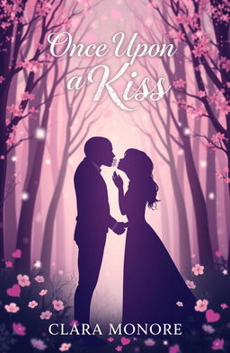 A romantic and enchanting book cover design for a fairytale titled 'Once Upon a Kiss' by Clara Monroe