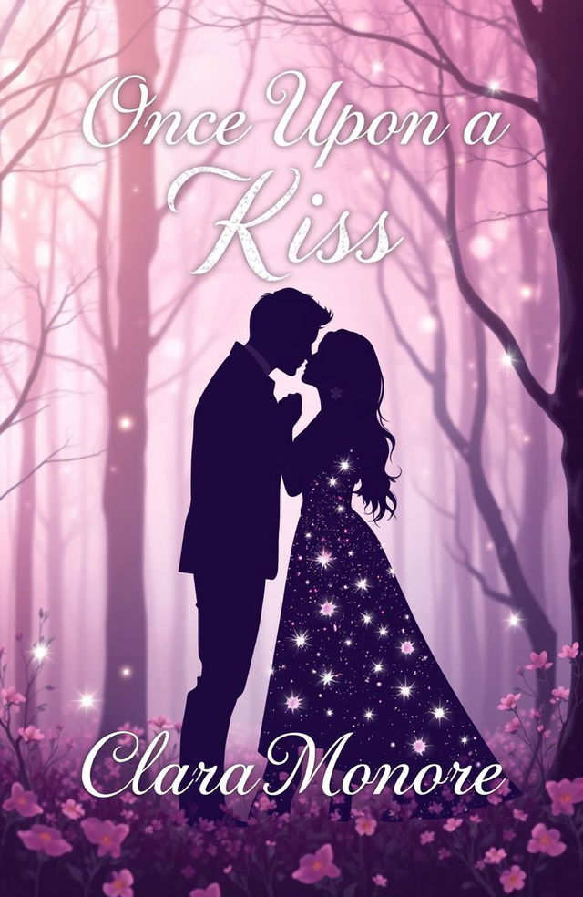 A romantic and enchanting book cover design for a fairytale titled 'Once Upon a Kiss' by Clara Monroe