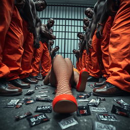 A gripping scene viewed from a low angle, showcasing a large group of African American gang members with muscular legs clad in baggy orange pants