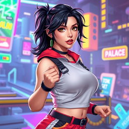 A woman with dark hair styled in a playful and trendy manner, wearing a sporty outfit reminiscent of an action game character, embodying a confident and dynamic vibe