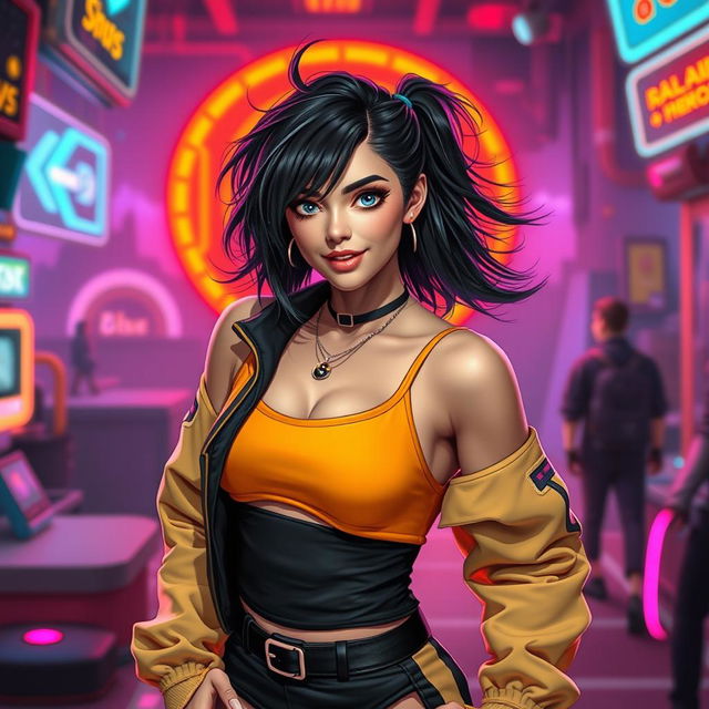 A woman with dark hair styled in a playful and trendy manner, wearing a sporty outfit reminiscent of an action game character, embodying a confident and dynamic vibe