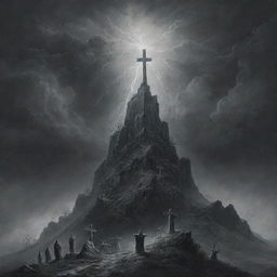 Create a Gustave Doré styled illustration featuring Mount Calvary with three vacant crosses. Include a stormy backdrop with a lightning bolt striking the centre cross, which also bears a flowing robe fluttering in the wind.