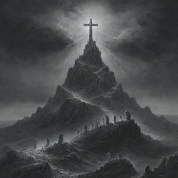 Create a Gustave Doré styled illustration featuring Mount Calvary with three vacant crosses. Include a stormy backdrop with a lightning bolt striking the centre cross, which also bears a flowing robe fluttering in the wind.