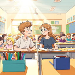A heartwarming scene capturing the moment of falling in love on the first day of school