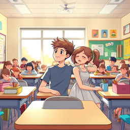 A heartwarming scene capturing the moment of falling in love on the first day of school
