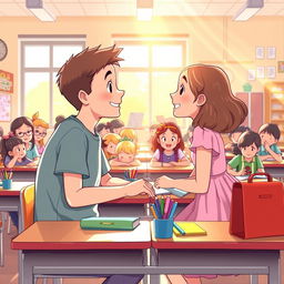 A heartwarming scene capturing the moment of falling in love on the first day of school