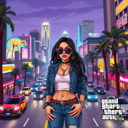 A stunning recreation of Mia Khalifa in a Grand Theft Auto (GTA) style universe, featuring her wearing casual urban attire and stylish accessories, standing in front of an iconic GTA city skyline