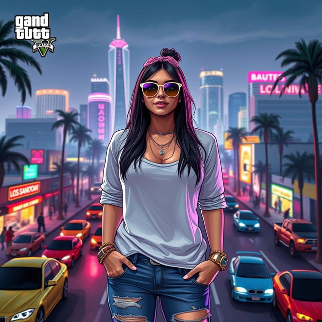 A stunning recreation of Mia Khalifa in a Grand Theft Auto (GTA) style universe, featuring her wearing casual urban attire and stylish accessories, standing in front of an iconic GTA city skyline