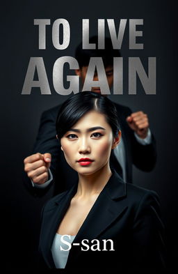 A book cover design for 'To Live Again', featuring a woman in a sleek black business suit prominently in the foreground