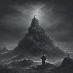 Create a Gustave Doré styled illustration featuring Mount Calvary with three vacant crosses. Include a stormy backdrop with a lightning bolt striking the centre cross, which also bears a flowing robe fluttering in the wind.