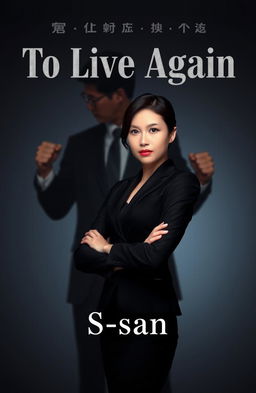 A book cover design for 'To Live Again', featuring a woman in a sleek black business suit prominently in the foreground