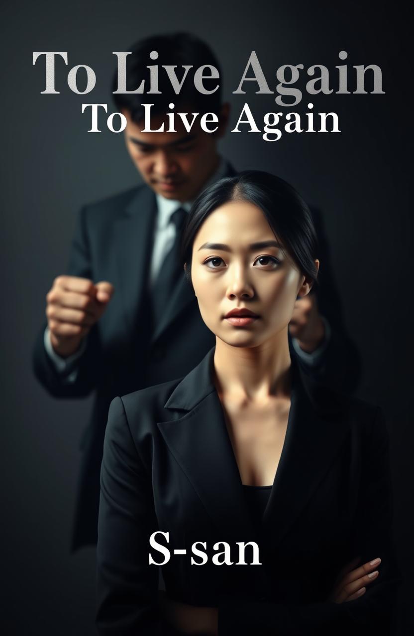 A book cover design for 'To Live Again', featuring a woman in a sleek black business suit prominently in the foreground