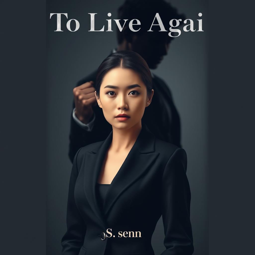 A book cover design for 'To Live Again', featuring a woman in a sleek black business suit prominently in the foreground