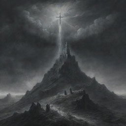 Create a Gustave Doré styled illustration featuring Mount Calvary with three vacant crosses. Include a stormy backdrop with a lightning bolt striking the centre cross, which also bears a flowing robe fluttering in the wind.