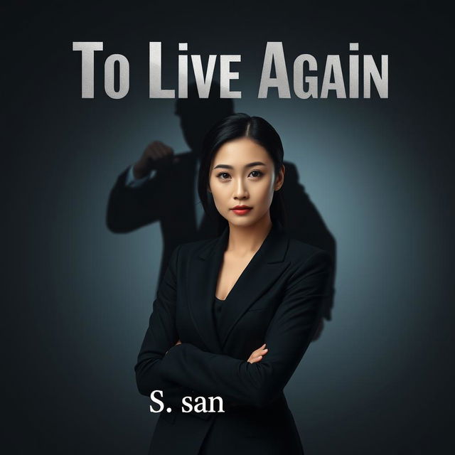 A book cover design for 'To Live Again', featuring a woman in a sleek black business suit prominently in the foreground