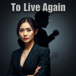 A book cover design for 'To Live Again', featuring a woman in a sleek black business suit prominently in the foreground