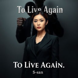 A book cover design for 'To Live Again', featuring a woman in a sleek black business suit prominently in the foreground