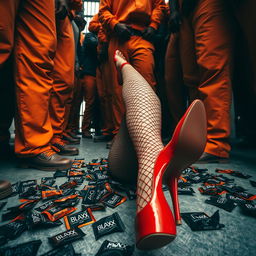 A low angle shot capturing the legs of a large gang of African American gang members attire in baggy orange pants, surrounding the legs of a Caucasian individual clad in ripped fishnet stockings and striking red high heels