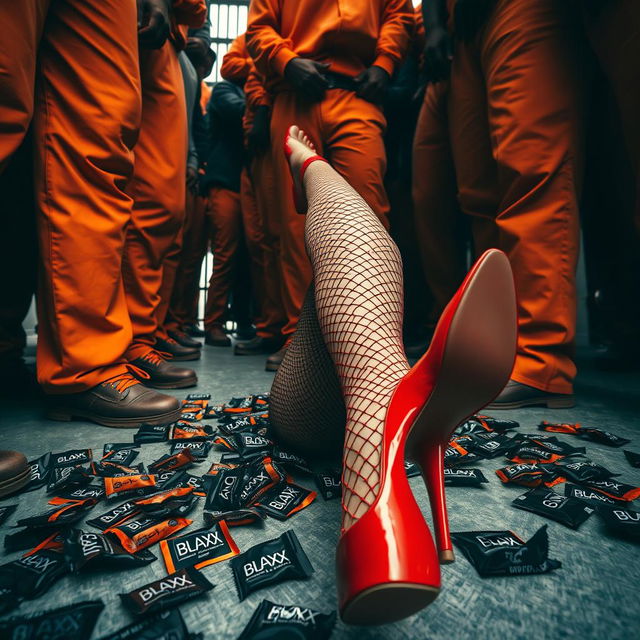 A low angle shot capturing the legs of a large gang of African American gang members attire in baggy orange pants, surrounding the legs of a Caucasian individual clad in ripped fishnet stockings and striking red high heels